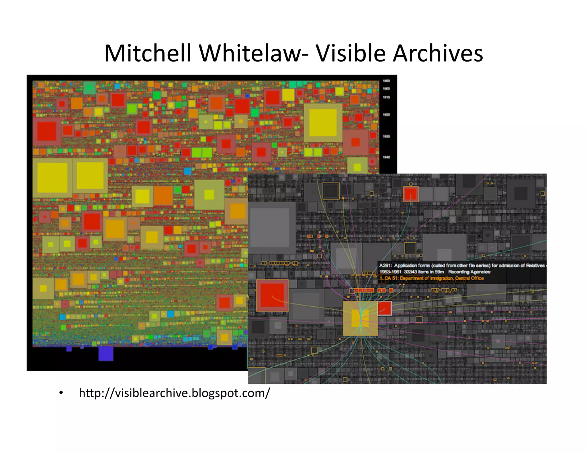 Mitchell	
  Whitelaw-­‐	
  Visible	
  Archives	
  
•  h<p://visiblearchive.blogspot.com/	
  
 