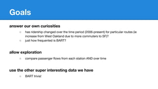 Goals
answer our own curiosities
○ has ridership changed over the time period (2006-present) for particular routes (ie
increase from West Oakland due to more commuters to SF)?
○ just how frequented is BART?
allow exploration
○ compare passenger flows from each station AND over time
use the other super interesting data we have
○ BART trivia!
 