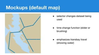 Mockups (default map)
● selector changes dataset being
used
● time change function (slider or
brushing)
● emphasizes transbay travel
(showing water)
 