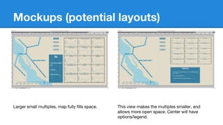 Mockups (potential layouts)
Larger small multiples, map fully fills space. This view makes the multiples smaller, and
allows more open space. Center will have
options/legend.
 