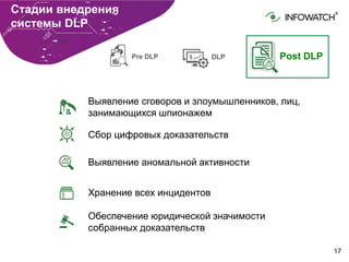 17
Стадии внедрения
системы DLP
Pre DLP Post DLPDLP
Выявление сговоров и злоумышленников, лиц,
занимающихся шпионажем
Сбор цифровых доказательств
Выявление аномальной активности
Хранение всех инцидентов
Обеспечение юридической значимости
собранных доказательств
 