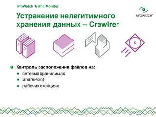 Контроль расположения файлов на:
 сетевых хранилищах
 SharePoint
 рабочих станциях
Устранение нелегитимного
хранения данных – Crawlrer
InfoWatch Traffic Monitor
 