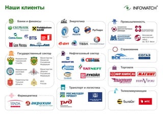 Наши клиенты
Банки и финансы Энергетика
Государственный сектор
Федеральная
Таможенная
Служба
Министерство
Финансов
Российской
Федерации
Федеральная
налоговая
служба
Министерство
обороны
Российской
Федерации
Правительство
Тульской
области
МЧС
России
Нефтегазовый сектор
Телекоммуникации
Страхование
Торговля
Промышленность
Московский
вертолетный
завод
им. М.Л. Миля
Фармацевтика
Транспорт и логистика
 
