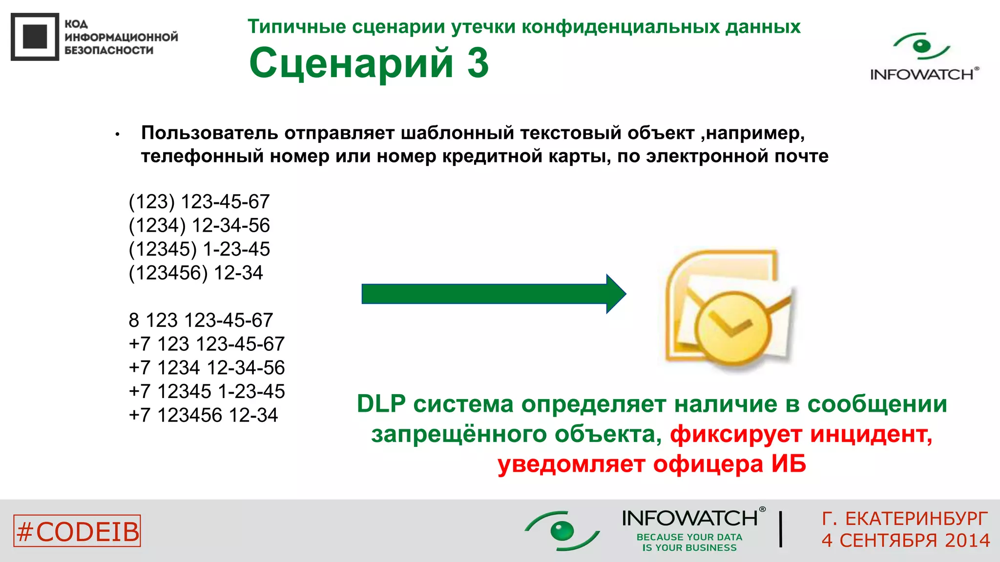 Типичные сценарии утечки конфиденциальных данных 
Сценарий 3 
• Пользователь отправляет шаблонный текстовый объект ,например, 
телефонный номер или номер кредитной карты, по электронной почте 
(123) 123-45-67 
(1234) 12-34-56 
(12345) 1-23-45 
(123456) 12-34 
8 123 123-45-67 
+7 123 123-45-67 
+7 1234 12-34-56 
+7 12345 1-23-45 
+7 123456 12-34 DLP система определяет наличие в сообщении 
запрещённого объекта, фиксирует инцидент, 
уведомляет офицера ИБ 
Г. ЕКАТЕРИНБУРГ 
#CODEIB 4 СЕНТЯБРЯ 2014 
 