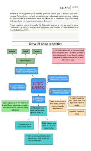 E.I.D.F.S 3ero 3era
pág. 24
revelamos las fotografías para hacerlas publicar, vimos que la historia que había
contado Ashton Forbes era la de unos chicos que en busca de una revista rara visitan a
un coleccionista, y cuando están solos allá arriba, en la oscuridad, se confiesan que
todo aquello no era otra cosa que un pacto de amor...
Nunca supimos cómo terminaba la historieta, porque a pie de página decía
“continuar{”, y como ya no quedaban ejemplares en el mundo, la aventura había sido
cancelada para siempre.
Tema: El Texto expositivo
 