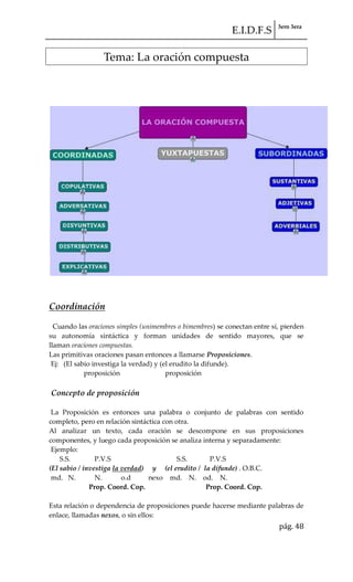 E.I.D.F.S 3ero 3era
pág. 48
Tema: La oración compuesta
Coordinación
Cuando las oraciones simples (unimembres o bimembres) se conectan entre sí, pierden
su autonomía sintáctica y forman unidades de sentido mayores, que se
llaman oraciones compuestas.
Las primitivas oraciones pasan entonces a llamarse Proposiciones.
Ej: (El sabio investiga la verdad) y (el erudito la difunde).
proposición proposición
Concepto de proposición
La Proposición es entonces una palabra o conjunto de palabras con sentido
completo, pero en relación sintáctica con otra.
Al analizar un texto, cada oración se descompone en sus proposiciones
componentes, y luego cada proposición se analiza interna y separadamente:
Ejemplo:
S.S. P.V.S S.S. P.V.S
(El sabio / investiga la verdad) y (el erudito / la difunde) . O.B.C.
md. N. N. o.d nexo md. N. od. N.
Prop. Coord. Cop. Prop. Coord. Cop.
Esta relación o dependencia de proposiciones puede hacerse mediante palabras de
enlace, llamadas nexos, o sin ellos:
 