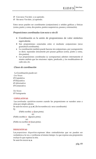 E.I.D.F.S 3ero 3era
pág. 49
Ø Con nexo: Vos leés y yo aprendo.
Ø Sin nexo: Vos leés; yo aprendo.
Estos nexos pueden ser coordinantes (conjunciones) o señales gráficas y fónicas
(coma, punto y coma, dos puntos, puntos suspensivos, pausas y entonación).
Proposiciones coordinadas (con nexo o sin él)
Coordinación es la unión de proposiciones de valor sintáctico
equivalente.
Son proposiciones conectadas entre sí mediante conjunciones (nexo
gramatical coordinante).
La coordinación también puede hacerse sin conjunciones, por yuxtaposición
es decir, separadas únicamente por pausas gráficas (coma, punto y coma,
dos puntos).
Las proposiciones coordinadas (y yuxtapuestas) admiten internamente el
mismo análisis que las oraciones: sujeto, predicado, y los modificadores de
cada uno, etc.
Clases de coordinación
La Coordinación puede ser:
Con Nexos:
Ø Copulativa
Ø Disyuntiva
Ø Adversativa
Ø Consecutiva
Sin Nexos:
Ø Yuxtapuesta
COPULATIVAS
Las coordinadas copulativas ocurren cuando las proposiciones se suceden unas a
otras por simple adición.
Se usan los nexos: y, e, ni. (Se los nombra n/c: nexo coordinante)
Ej:
(Pablo escribe) y (Juan pinta).
n/c
(Pablo escribe) e (Ignacio pinta).
n/c
(Pablo no escribe) ni (Juan pinta).
n/c
DISYUNTIVAS
Las proposiciones disyuntivas expresan ideas contradictorias que no pueden ser
verdaderos a la vez, o verificarse al mismo tiempo. Lo que expresa una proposición
excluye lo que expresa la otra.
Se usan los nexos: o, u.
 