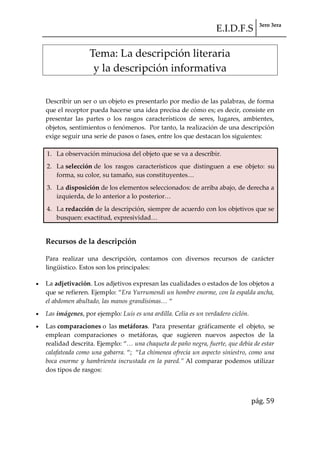 E.I.D.F.S 3ero 3era
pág. 59
Tema: La descripción literaria
y la descripción informativa
Describir un ser o un objeto es presentarlo por medio de las palabras, de forma
que el receptor pueda hacerse una idea precisa de cómo es; es decir, consiste en
presentar las partes o los rasgos característicos de seres, lugares, ambientes,
objetos, sentimientos o fenómenos. Por tanto, la realización de una descripción
exige seguir una serie de pasos o fases, entre los que destacan los siguientes:
1. La observación minuciosa del objeto que se va a describir.
2. La selección de los rasgos característicos que distinguen a ese objeto: su
forma, su color, su tamaño, sus constituyentes<
3. La disposición de los elementos seleccionados: de arriba abajo, de derecha a
izquierda, de lo anterior a lo posterior<
4. La redacción de la descripción, siempre de acuerdo con los objetivos que se
busquen: exactitud, expresividad<
Recursos de la descripción
Para realizar una descripción, contamos con diversos recursos de carácter
lingüístico. Estos son los principales:
La adjetivación. Los adjetivos expresan las cualidades o estados de los objetos a
que se refieren. Ejemplo: “Era Yurrumendi un hombre enorme, con la espalda ancha,
el abdomen abultado, las manos grandísimas… “
Las imágenes, por ejemplo: Luis es una ardilla. Celia es un verdadero ciclón.
Las comparaciones o las metáforas. Para presentar gráficamente el objeto, se
emplean comparaciones o metáforas, que sugieren nuevos aspectos de la
realidad descrita. Ejemplo: “… una chaqueta de paño negra, fuerte, que debía de estar
calafateada como una gabarra. “; “La chimenea ofrecía un aspecto siniestro, como una
boca enorme y hambrienta incrustada en la pared.” Al comparar podemos utilizar
dos tipos de rasgos:
 