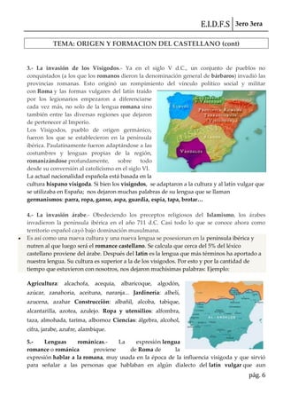 E.I.D.F.S 3ero 3era
pág. 6
TEMA: ORIGEN Y FORMACION DEL CASTELLANO (cont)
3.- La invasión de los Visigodos.- Ya en el siglo V d.C., un conjunto de pueblos no
conquistados (a los que los romanos dieron la denominación general de bárbaros) invadió las
provincias romanas. Esto originó un rompimiento del vínculo político social y militar
con Roma y las formas vulgares del latín traído
por los legionarios empezaron a diferenciarse
cada vez más, no solo de la lengua romana sino
también entre las diversas regiones que dejaron
de pertenecer al Imperio.
Los Visigodos, pueblo de origen germánico,
fueron los que se establecieron en la península
ibérica. Paulatinamente fueron adaptándose a las
costumbres y lenguas propias de la región,
romanizándose profundamente, sobre todo
desde su conversión al catolicismo en el siglo VI.
La actual nacionalidad española está basada en la
cultura hispano visigoda. Si bien los visigodos, se adaptaron a la cultura y al latín vulgar que
se utilizaba en España; nos dejaron muchas palabras de su lengua que se llaman
germanismos: parra, ropa, ganso, aspa, guardia, espía, tapa, brotar…
4.- La invasión árabe.- Obedeciendo los preceptos religiosos del Islamismo, los árabes
invadieron la península ibérica en el año 711 d.C. Casi todo lo que se conoce ahora como
territorio español cayó bajo dominación musulmana.
Es así como una nueva cultura y una nueva lengua se posesionan en la península ibérica y
nutren al que luego será el romance castellano. Se calcula que cerca del 5% del léxico
castellano proviene del árabe. Después del latín es la lengua que más términos ha aportado a
nuestra lengua. Su cultura es superior a la de los visigodos. Por esto y por la cantidad de
tiempo que estuvieron con nosotros, nos dejaron muchísimas palabras: Ejemplo:
Agricultura: alcachofa, acequia, albaricoque, algodón,
azúcar, zanahoria, aceituna, naranja... Jardinería: alhelí,
azucena, azahar Construcción: albañil, alcoba, tabique,
alcantarilla, azotea, azulejo. Ropa y utensilios: alfombra,
taza, almohada, tarima, albornoz Ciencias: álgebra, alcohol,
cifra, jarabe, azufre, alambique.
5.- Lenguas románicas.- La expresión lengua
romance o románica proviene de Roma de la
expresión hablar a la romana, muy usada en la época de la influencia visigoda y que sirvió
para señalar a las personas que hablaban en algún dialecto del latín vulgar que aun
 