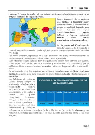 E.I.D.F.S 3ero 3era
pág. 7
permaneció vigente, tomando cada vez más su propia personalidad región a región, en los
antiguos territorios del Imperio Romano.
Con el transcurrir de las centurias
estos hablares a la romana fueron
transformándose y adquiriendo su
propia personalidad, llegando hasta
nuestros días con sus propios
nombres: castellano, francés,
italiano, portugués, provenzal,
rumano, sardo, catalán,
retorrománico, asturiano y gallego.
6.- Formación del Castellano.- La
llamada Guerra de la Reconquista le
costó a los españoles alrededor de ocho siglos de penurias y enfrentamientos contra los árabes
(711-1492).
Los reinos cristianos, replegados en la zona montañosa del norte, combatieron contra los
musulmanes que dominaban todo el sur y el centro de la península.
Pero estos más de ocho siglos no fueron de permanente tensión bélica entre los dos pueblos.
Hubo largos periodos de paz entre cristiano y musulmanes. Un numeroso grupo de
pobladores hispano godos, llamados mozárabes vivieron en lugares de abierta dominación
árabe.
En los reinos del norte, lentamente se fueron diferenciando los romance gallego, castellano y
catalán. En el centro y sur de la península, los árabes hablaban el árabe y los hispanogodos el
mozárabe.
Los habitantes del reino de
Castilla fueron, siempre los
adelantados en la Guerra de la
Reconquista; siempre
estuvieron en el límite entre
los cristianos y los árabes y
fueron ellos quienes
consiguieron, lentamente,
replegar a los musulmanes
hacia el sur de la península.
Con ese espíritu combativo,
independiente y abnegado,
reflejado en las mismas costumbres de la población, se fue nutriendo el romance que
hablaban. El romance castellano recibe así, una marcada personalidad frente a las otras
lenguas.
 