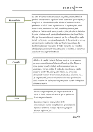 E.I.D.F.S 3ero 3era
pág. 93
Composición
Formato
Estilo
Se usa un registro formal y la lengua es estándar, es
decir, se tiende a no incluir marcas que se aparten de
la norma general escolar.
Se usan los recursos característicos de la
argumentación escrita: ejemplificación, generalización,
referencia apelativa, analogía, refutación, pregunta
retórica, repetición, etc.
A la hora de escribir cartas de lectores, conviene pensarlas como
cartas formales dirigidas al director del medio gráfico del que se
trate, aunque no deben incluir las formulas de cortesía que
encabezan o cierran ese tipo de cartas. Es importante no olvidar
incluir el nombre del autor y datos básicos que sirvan para
identificarlo (número de documento, localidad de residencia, etc.).
Al ser publicadas, el medio de comunicación en el que aparecen
suele adosarles un título que sirve para que los lectores identifiquen
el tema de la carta.
La carta de lectores suele dividirse en dos partes fundamentales: la
primera consiste en una exposición de los hechos a los que se refiere, y
la segunda es un comentario de los mismos. Como muchas veces
predomina en ella la trama argumentativa, la segunda parte puede
estructurarse planteando una tesis y dando argumentos para
defenderla. La tesis puede aparecer hacia el principio o hacia el final de
la carta, o incluso puede quedar librada a la interpretación del lector.
Hay que tener especialmente en cuenta que los medios gráficos suelen
incluir restricciones respecto de la extensión de las cartas de lectores, y
además recortan o editan las cartas que finalmente publican. Es
fundamental incluir en este tipo de textos elementos que permitan
identificar fehacientemente a su autor, como su nombre, su número de
documento o su lugar de residencia.
 