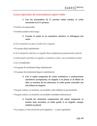 E.I.D.F.S 2DO 4TA
pág. 68
Casos especiales de concordancia sujeto verbo
1- Con los pronombres de 2ª. persona usted, ustedes, el verbo
concuerda en la 3ª. persona.
• Usted es el responsable.
• Ustedes podr{n entrar luego.
2- Cuando el sujeto es un sustantivo colectivo, se distinguen dos
casos:
a) Si el sustantivo va solo, el verbo irá en singular.
• Un grupo llegó r{pidamente.
b) Si el sustantivo colectivo en singular lleva complemento preposicional en plural,
el verbo puede concordar en singular o en plural, es decir, con el sustantivo-núcleo
o con el modificador.
• Un grupo de estudiantes llegó r{pidamente.
• Un grupo de estudiantes llegaron r{pidamente.
3- Con el sujeto compuesto de varios sustantivos o construcciones
sustantivas yuxtapuestas, en singular o en plural, si el último de
ellos es resumen de los anteriores, el verbo puede concordar con
este último en singular.
• Su gran cultura, su modestia, sus modales, todo reflejaba su personalidad.
• Su gran cultura, su modestia, sus modales resaltaban sobremanera.
4- Cuando los elementos componentes del sujeto compuesto se
sienten muy asociados, el verbo puede ir en singular, aunque
también en plural.
• La compra y venta de divisas ser{ regulada (< o ser{n reguladas).
 