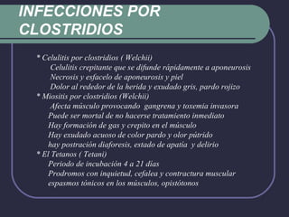 INFECCIONES POR  CLOSTRIDIOS * Celulitis por clostridios ( Welchii) Celulitis crepitante que se difunde rápidamente a aponeurosis Necrosis y esfacelo de aponeurosis y piel Dolor al rededor de la herida y exudado gris, pardo rojizo * Miositis por clostridios (Welchii) Afecta músculo provocando  gangrena y toxemia invasora Puede ser mortal de no hacerse tratamiento inmediato Hay formación de gas y crepito en el músculo Hay exudado acuoso de color pardo y olor pútrido hay postración diaforesis, estado de apatía  y delirio * El Tetanos ( Tetani) Periodo de incubación 4 a 21 días Prodromos con inquietud, cefalea y contractura muscular espasmos tónicos en los músculos, opistótonos 