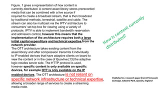 Figure. 1 gives a representation of how content is
currently distributed. A content asset library stores prerecorded
media that can be combined with a live source if
required to create a broadcast stream, that is then broadcast
by traditional methods, terrestrial, satellite and cable. The
stream can also be multicast via the IPTV architecture to
consumers’ set top box for viewing using a variety of
protocols. IPTV is able to implement bandwidth reservation
and admission control, however this means that the
implementation of the architecture requires both a large
initial capital expenditure and technical expertise from the
network provider.
The OTT architecture takes existing content from the
asset library and after compression transmits it individually
to IP enabled devices that have adaptive clients on board to
view the content or in the case of Quavlive [13] the adaptive
logic resides server side. The HTTP protocol is used,
however specific content is only available on specific
devices, for example OTT is only available on the IP
enabled devices. The OTT architecture is not reliant on
specific network infrastructure or technical expertise,
allowing a broader range of services to create a streaming
media node.
Published in a research paper from BT Innovate
& Design, Adastral Park, Ipswich, England
 