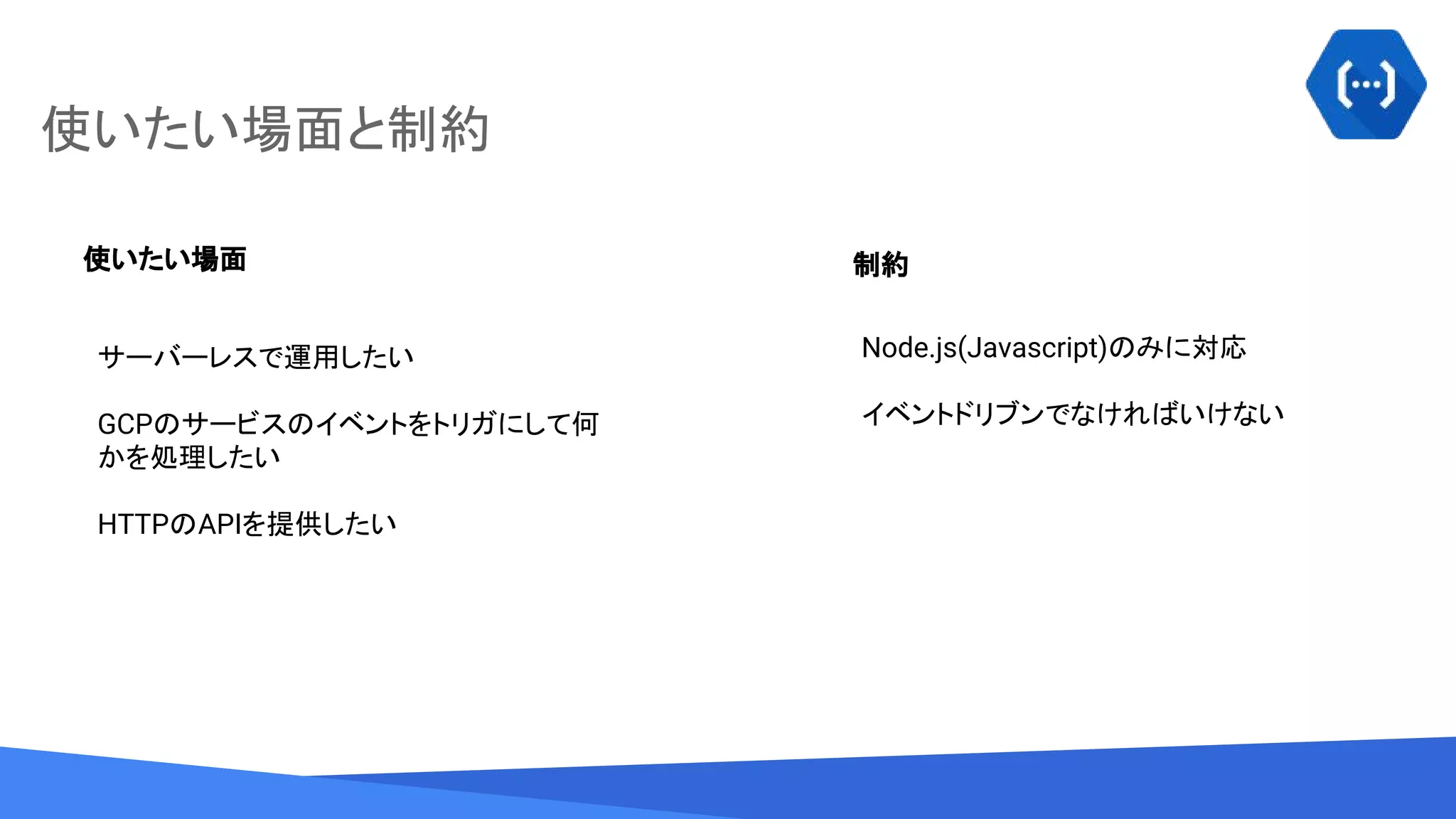 Source: Lorem ipsum dolor sit amet, consectetur adipiscing elit. Duis non erat sem
使いたい場面と制約
使いたい場面 制約
サーバーレスで運用したい
GCPのサービスのイベントをトリガにして何
かを処理したい
HTTPのAPIを提供したい
Node.js(Javascript)のみに対応
イベントドリブンでなければいけない
 