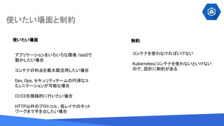 Source: Lorem ipsum dolor sit amet, consectetur adipiscing elit. Duis non erat sem
使いたい場面と制約
使いたい場面 制約
アプリケーションをいろいろな環境 /IaaSで
動かしたい場合
コンテナの利点を最大限活用したい場合
Dev, Ops, セキュリティチームの円滑なコ
ミュニケーションが可能な場合
CI/CDを積極的に行いたい場合
HTTP以外のプロトコル、低レイヤのネット
ワークまで手を出したい場合
コンテナを使わなければいけない
Kubernetes/コンテナを使わないといけない
ので、設計に制約がある
 