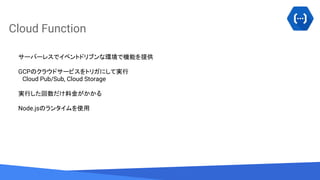 Source: Lorem ipsum dolor sit amet, consectetur adipiscing elit. Duis non erat sem
Cloud Function
サーバーレスでイベントドリブンな環境で機能を提供
GCPのクラウドサービスをトリガにして実行
　Cloud Pub/Sub, Cloud Storage
実行した回数だけ料金がかかる
Node.jsのランタイムを使用
 