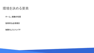 Source: Lorem ipsum dolor sit amet, consectetur adipiscing elit. Duis non erat sem
環境を決める要素
チーム、組織の性質
技術的な必須項目
抽象化したいレイヤ
 