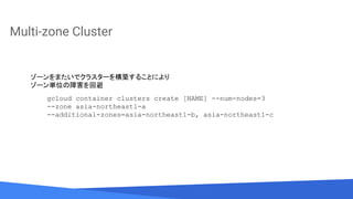 Source: Lorem ipsum dolor sit amet, consectetur adipiscing elit. Duis non erat sem
Multi-zone Cluster
gcloud container clusters create [NAME] --num-nodes=3
--zone asia-northeast1-a
--additional-zones=asia-northeast1-b, asia-northeast1-c
ゾーンをまたいでクラスターを構築することにより
ゾーン単位の障害を回避
 