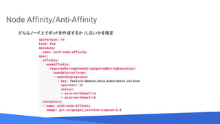 Source: Lorem ipsum dolor sit amet, consectetur adipiscing elit. Duis non erat sem
Node Affinity/Anti-Affinity
apiVersion: v1
kind: Pod
metadata:
name: with-node-affinity
spec:
affinity:
nodeAffinity:
requiredDuringSchedulingIgnoredDuringExecution:
nodeSelectorTerms:
- matchExpressions:
- key: failure-domain.beta.kubernetes.io/zone
operator: In
values:
- asia-northeast1-a
- asia-northeast1-b
containers:
- name: with-node-affinity
image: gcr.io/google_containers/pause:2.0
どんなノード上でポッドを作成するか /しないかを指定
 