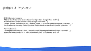 Source: Lorem ipsum dolor sit amet, consectetur adipiscing elit. Duis non erat sem
参考にしたセッション
GKE, Kubernetes Sessions:
ABCs of Google Container Engine: tips and best practices (Google Cloud Next '17)
Kubernetes and Google Container Engine (Google Cloud Next '17)
Globally scalable microservices with Container Engine & Cloud Load Balancing (Google Cloud Next ‘17)
Deciding between Compute Engine, Container Engine, App Engine and more (Google Cloud Next '17)
Network Sessions:
Deciding between Compute Engine, Container Engine, App Engine and more (Google Cloud Next '17)
A cloud networking blueprint for securing your workloads (Google Cloud Next '17)
 