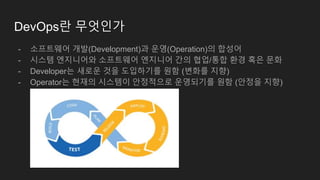 DevOps란 무엇인가
- 소프트웨어 개발(Development)과 운영(Operation)의 합성어
- 시스템 엔지니어와 소프트웨어 엔지니어 간의 협업/통합 환경 혹은 문화
- Developer는 새로운 것을 도입하기를 원함 (변화를 지향)
- Operator는 현재의 시스템이 안정적으로 운영되기를 원함 (안정을 지향)
 