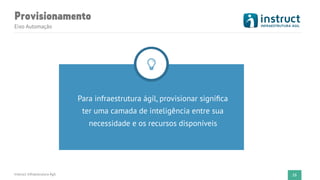 Provisionamento
Instruct Infraestrutura Ágil 23
Para infraestrutura ágil, provisionar signiﬁca
ter uma camada de inteligência entre sua
necessidade e os recursos disponíveis
Eixo Automação
 