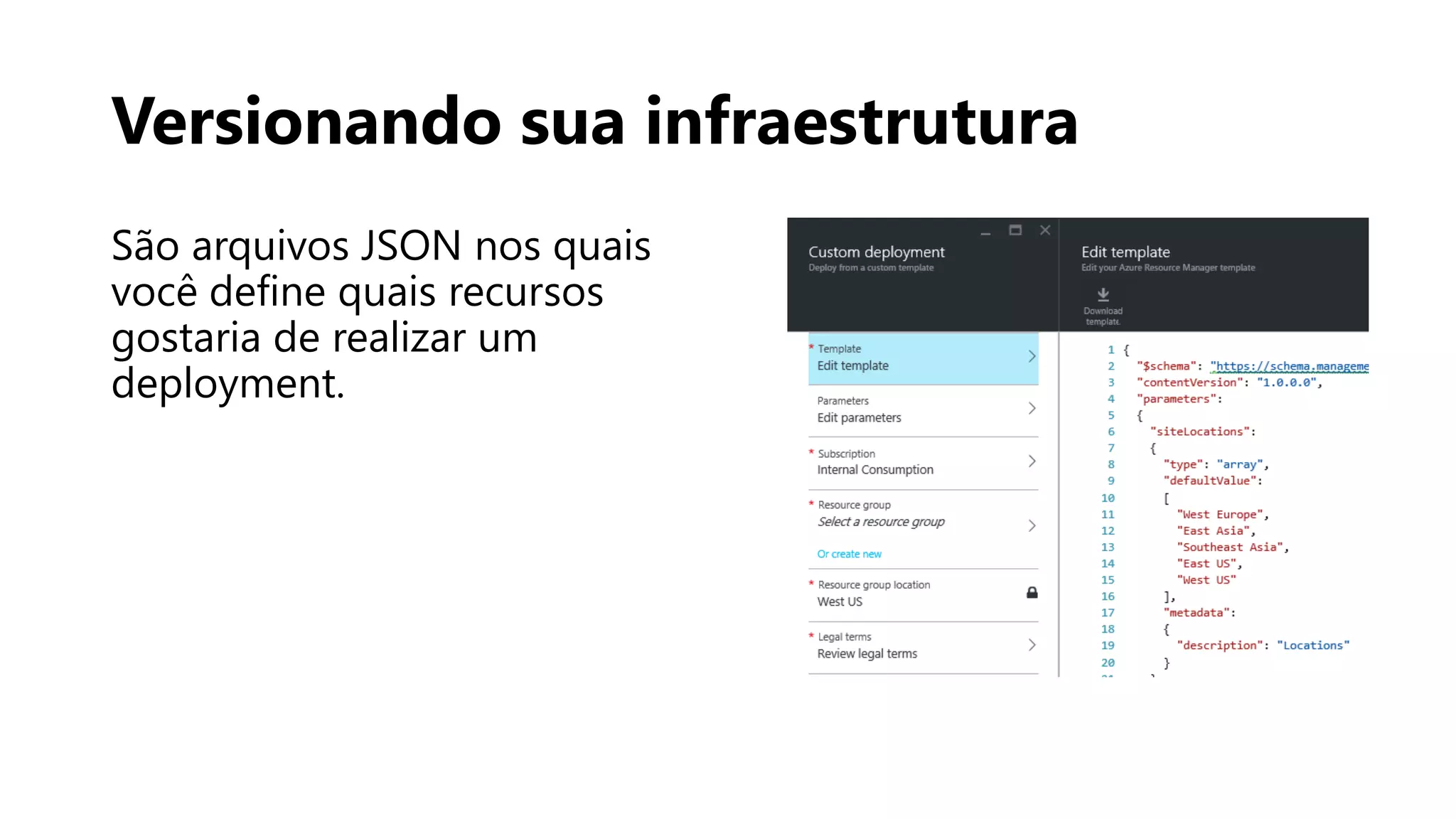 Versionando sua infraestrutura
São arquivos JSON nos quais
você define quais recursos
gostaria de realizar um
deployment.
 
