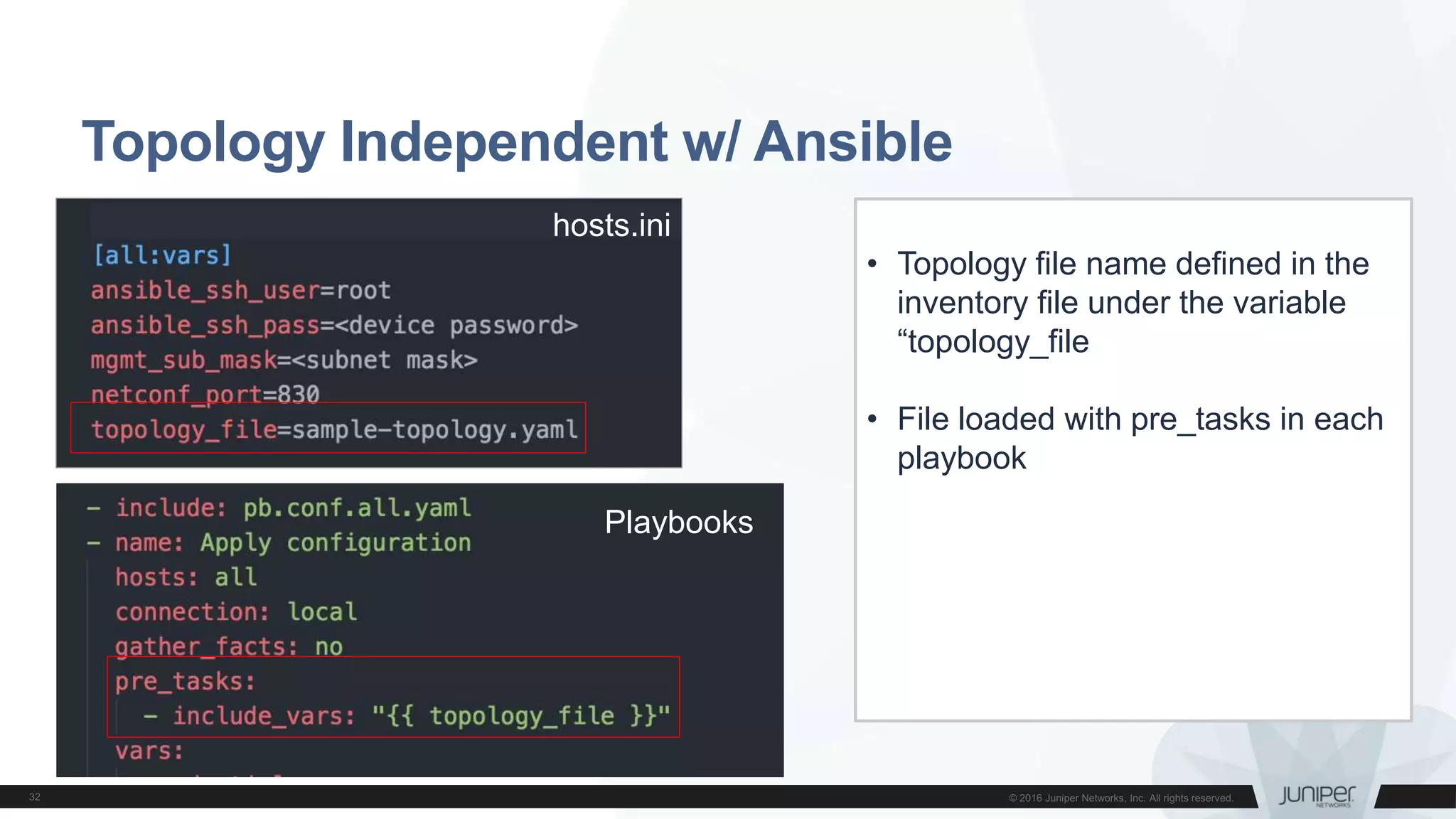 Topology Independent w/ Ansible
• Topology file name defined in the
inventory file under the variable
“topology_file
• File loaded with pre_tasks in each
playbook
hosts.ini
Playbooks
 