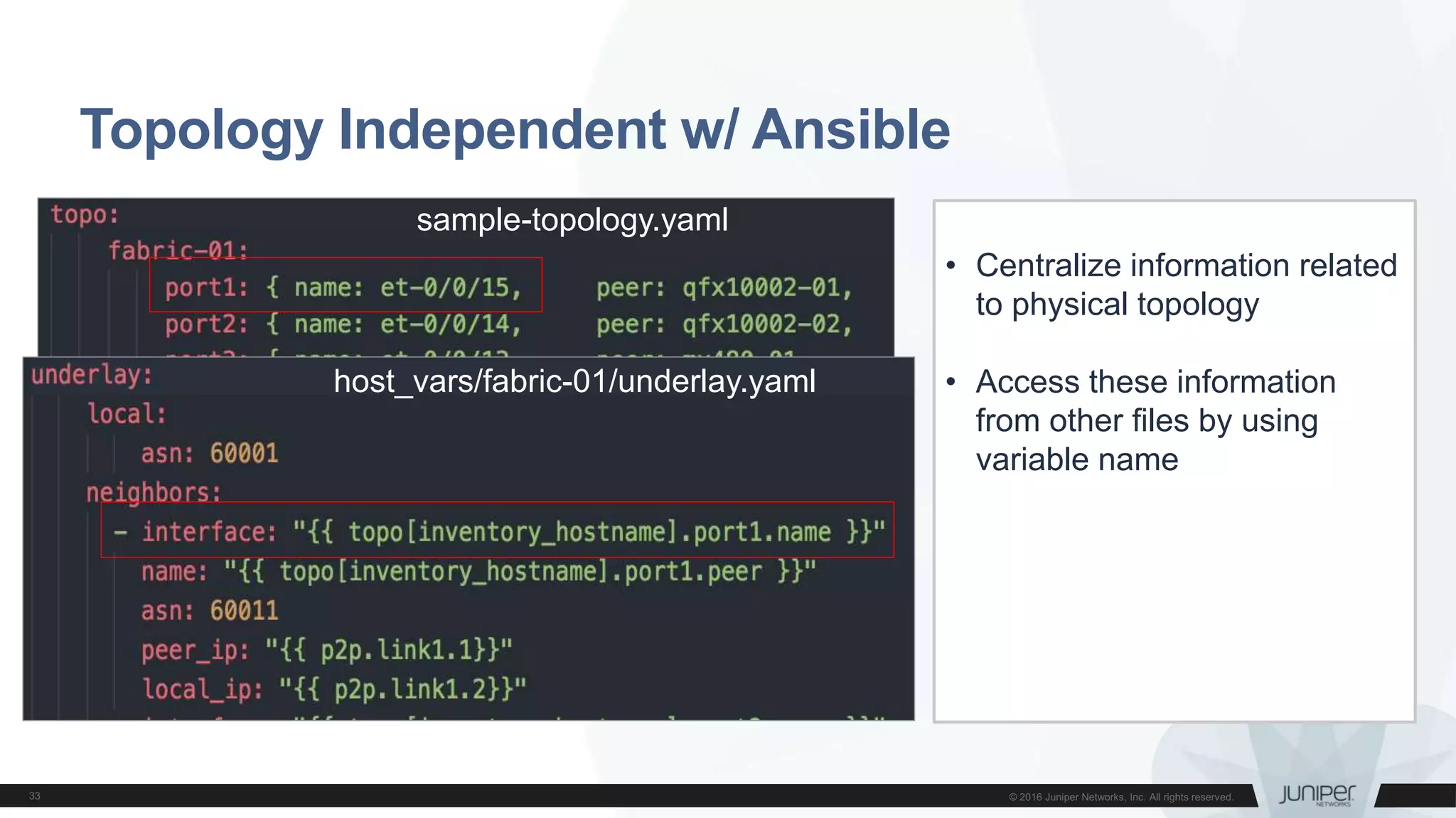 Topology Independent w/ Ansible
• Centralize information related
to physical topology
• Access these information
from other files by using
variable name
sample-topology.yaml
host_vars/fabric-01/underlay.yaml
 