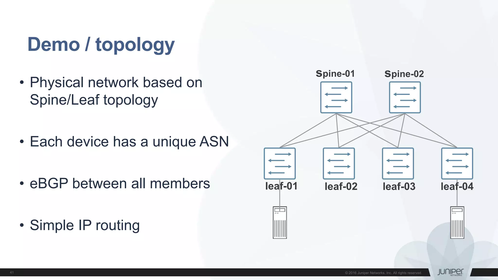 Demo / topology
spine-01 spine-02
leaf-01 leaf-02 leaf-03 leaf-04
• Physical network based on
Spine/Leaf topology
• Each device has a unique ASN
• eBGP between all members
• Simple IP routing
 