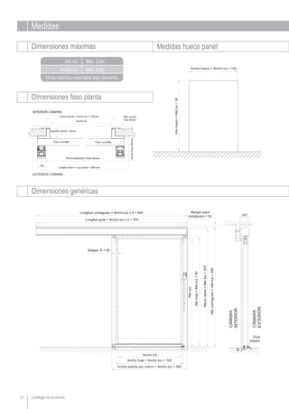 Medidas
Dimensiones máximas Medidas hueco panel
Ancho luz
Alto luz
Otras medidas especiales bajo demanda
Catálogo de productos
Dimensiones foso planta
12
Dimensiones genéricas
Max. 2,9m
Max. 3,5m
 