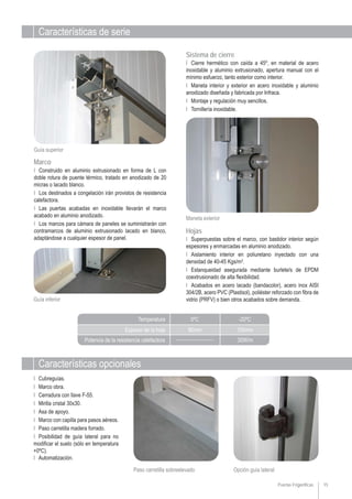 Características de serie
Características opcionales
15
Opción guía lateralPaso carretilla sobreelevado
Ι Cubreguías.
Ι Marco obra.
Ι Cerradura con llave F-55.
Ι Mirilla cristal 30x30.
Ι Asa de apoyo.
Ι Marco con capilla para pasos aéreos.
Ι Paso carretilla madera forrado.
Ι Posibilidad de guía lateral para no
modificar el suelo (sólo en temperatura
+0ºC).
Ι Automatización.
Espesor de la hoja
Potencia de la resistencia calefactora
Temperatura 0ºC
______________
-20ºC
30W/m
80mm 100mm
Ι Superpuestas sobre el marco, con bastidor interior según
espesores y enmarcadas en aluminio anodizado.
Ι Aislamiento interior en poliuretano inyectado con una
densidad de 40-45 Kgs/m3
.
Ι Estanqueidad asegurada mediante burlete/s de EPDM
coextrusionado de alta flexibilidad.
Ι Acabados en acero lacado (bandacolor), acero inox AISI
304/2B, acero PVC (Plastisol), poliéster reforzado con fibra de
vidrio (PRFV) o bien otros acabados sobre demanda.
Hojas
Ι Cierre hermético con caída a 45º, en material de acero
inoxidable y aluminio extrusionado, apertura manual con el
mínimo esfuerzo, tanto exterior como interior.
Ι Maneta interior y exterior en acero inoxidable y aluminio
anodizado diseñada y fabricada por Infraca.
Ι Montaje y regulación muy sencillos.
Ι Tornillería inoxidable.
Sistema de cierre
Marco
Maneta exterior
Guía inferior
Guía superior
Ι Construido en aluminio extrusionado en forma de L con
doble rotura de puente térmico, tratado en anodizado de 20
micras o lacado blanco.
Ι Los destinados a congelación irán provistos de resistencia
calefactora.
Ι Las puertas acabadas en inoxidable llevarán el marco
acabado en aluminio anodizado.
Ι Los marcos para cámara de paneles se suministrarán con
contramarcos de aluminio extrusionado lacado en blanco,
adaptándose a cualquier espesor de panel.
Puertas Frigoríficas
 