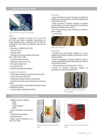 Características de serie
Características opcionales
59
Botonera de seguridad (instalada de
serie)
Sistema de alimentación ininterrumpida
(SAI)
Ι Múltiples opciones de apertura:
· Radar
· Tirador
· Campo magnético
· Mando
Ι Sistema alimentación ininterrumpida
(SAI).
Ι Posibilidad de lacado blanco.
Ι Baliza intermitente.
Ι Opción conexión monofásica, uso a
220V, 110V o 60Hz.
Puertas Rápidas
Detalle de estructura
Cuadro de control de puerta rápida
de congelación
Motor protegido de puerta de congelación
Ι Fotocélula tipo emisor-receptor integrada en la guía,
adaptada para temperatura negativa, de modo que el vaho no
de falsos positivos.
Ι Banda de seguridad con sistema inalámbrico según la
normativa vigente UNE EN12453:2000 (20kg presión estática
/ 40 kg presión dinámica).
Ι Paro de emergencia en botonera exterior e interior.
Ι Sistema de seguridad inalámbrico integrado de
comunicación vía radio con protección IP65.
Seguridad
Ι Guías de aluminio de extrusión anodizado con burletes de
EPDM para un mayor aislamiento, con sistema calefactor para
evitar formación de hielo.
Ι Dintel en aluminio de extrusión anodizado, con sistema
de dintel dinámico, que evita el paso de aire y la pérdida de
temperatura mediante una lona de PVC.
Ι Eje, consola de apoyo y resto de fijaciones y perfiles en
acero inoxidable.
Ι Lona sin mirilla.
Estructura
Ι Control digital de regulación y posicionamiento de puerta.
Ι Tensión de control de 24V, 50Hz.
Ι Contactores de bloque mecánico y larga duración.
Ι Conjunto de terminales de alta calidad para el conexionado
externo.
Ι Caja protectora IP65 en material plástico ABS para montaje
en temperatura positiva.
Ι Conexión trifásica 3x380/400 VAC+N+PE.
Cuadro de maniobras
Ι Fabricado y probado de acuerdo con la norma DIN
EN 12453 para Puertas Industriales, Comerciales y de
Garaje. Especificaciones y clasificación DIN EN 12978 en
cumplimiento con las normas de seguridad y prevención de
accidentes.
Ι Alimentación: 3x380/400 VAC+N+PE.
Ι Potencia: 0,37 Kw.
Ι Velocidad: 80rpm
Ι Velocidad de la puerta varía según dimensiones:
Max: 1.16M/s - Min: 0.41M/s
Ι Finales de carrera electrónicos.
Ι Engranajes de bajo nivel de ruido.
Ι No requiere mantenimiento.
Ι Con protección IP65.
Ι Adaptado para temperatura negativa.
Motor
 
