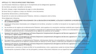 ARTÍCULO 172: TIPOS DE INFRACCIONES TRIBUTARIAS:
Las infracciones tributarias se originan por el incumplimiento de las obligaciones siguientes:
De inscribirse, actualizar o acreditar la inscripción.
De emitir, otorgar y exigir comprobantes de pago y/u otros documentos.
De llevar libros y/o registros o contar con informes u otros documentos.
De presentar declaraciones y comunicaciones.
De permitir el control de la Administración Tributaria, informar y comparecer ante la misma.
Otras obligaciones tributarias.
 ARTÍCULO 173: INFRACCIONES REALACIONADAS CON LA OBLIGACIÓN DE INSCRIBIRSE, ACTALIZAR O ACREDITAR LA INSCRIPCIÓN EN LOS REGISTROS
DE LA ADMINISTRACIÓN:
 Constituyen infracciones relacionadas con la obligación de inscribirse, actualizar o acreditar la inscripción en los registros de la Administración
Tributaria:
 No inscribirse en los registros de la Administración Tributaria. salvo aquellos en la inscripción constituye condición para el goce de un beneficio.
 Proporcionar o comunicar la información incluyendo la requerida por la Administración Tributaria, relativa a los antecedentes o datos para la
inscripción, cambio de domicilio, o actualización en los registros no conforme con la realidad.
 Numeral 3 del artículo 173 derogado por la Primera Disposición Complementaria Derogatoria del Decreto Legislativo N° 1263, publicado el
10/12/2016 y vigente desde el 11/12/20216.
 Numeral 4 del artículo 173 derogado por la Primera Disposición Complementaria Derogatoria del Decreto Legislativo N° 1263, publicado el
10/12/2016 y vigente desde el 11/12/20216.
 No proporcionar o comunicar a la Administración Tributaria, informaciones relativas a los antecedentes o datos para la inscripción, cambio de
domicilio o actualización en los registros o proporcionarla sin observar la forma, plazos y condiciones que establezca la Administración Tributaria.
 Numeral 6 del artículo 173 derogado por la Primera Disposición Complementaria Derogatoria del Decreto Legislativo N° 1263, publicado el
10/12/2016 y vigente desde el 11/12/20216.
 No proporcionar o comunicar el número de RUC en los procedimientos, actos u operaciones cuando las normas tributarias así lo establezca.
 A continuación se presenta la Tabla I con las principales y comunes infracciones tributarias con sus respectivas sanciones emitidas por la SUNAT.
 