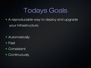 Todays GoalsTodays Goals
● A reproducable way to deploy and upgradeA reproducable way to deploy and upgrade
your infrastru...