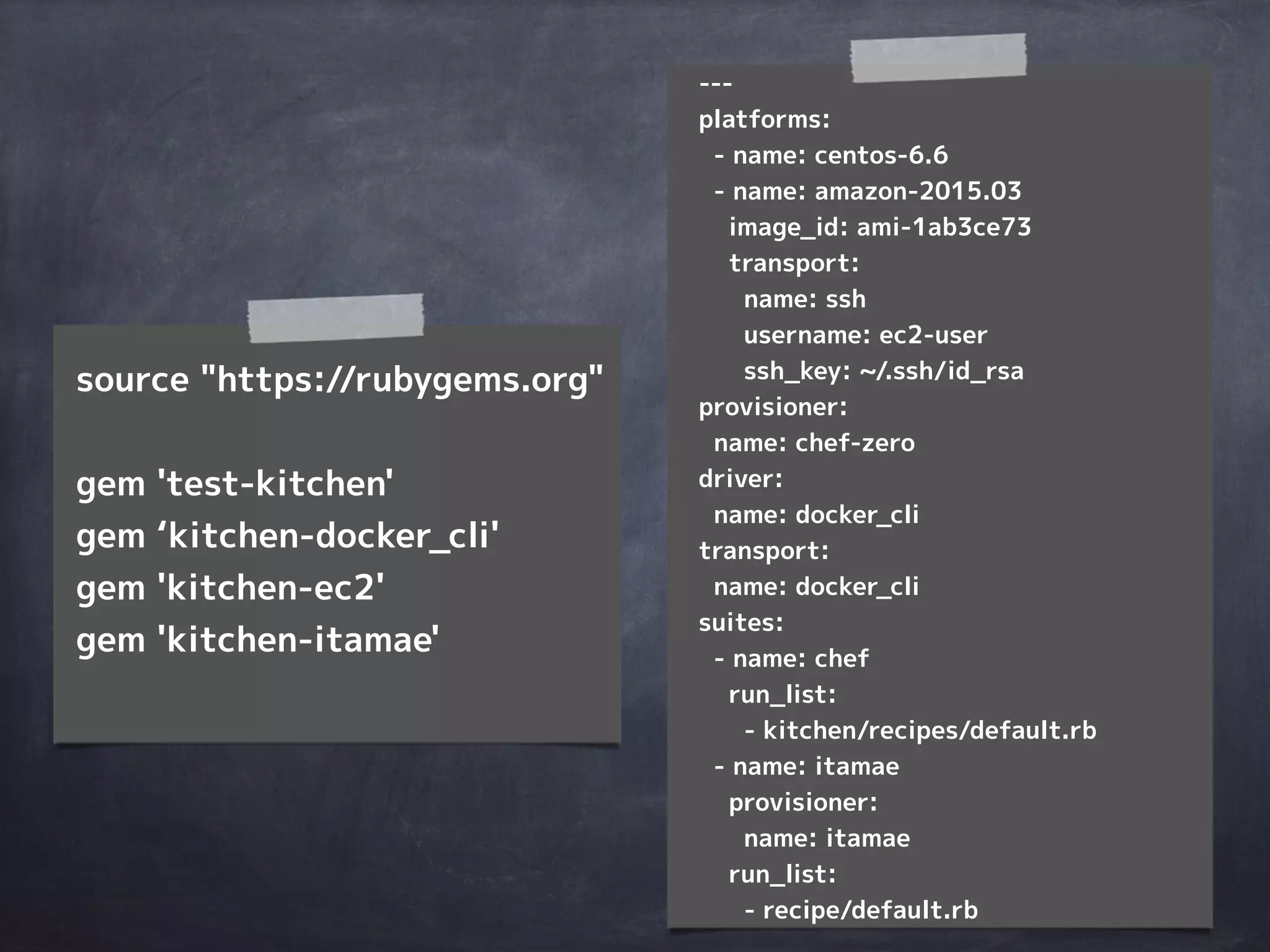 ---
platforms:
- name: centos-6.6
- name: amazon-2015.03
image_id: ami-1ab3ce73
transport:
name: ssh
username: ec2-user
ssh_key: ~/.ssh/id_rsa
provisioner:
name: chef-zero
driver:
name: docker_cli
transport:
name: docker_cli
suites:
- name: chef
run_list:
- kitchen/recipes/default.rb
- name: itamae
provisioner:
name: itamae
run_list:
- recipe/default.rb
source "https://rubygems.org"
gem 'test-kitchen'
gem ‘kitchen-docker_cli'
gem 'kitchen-ec2'
gem 'kitchen-itamae'
 
