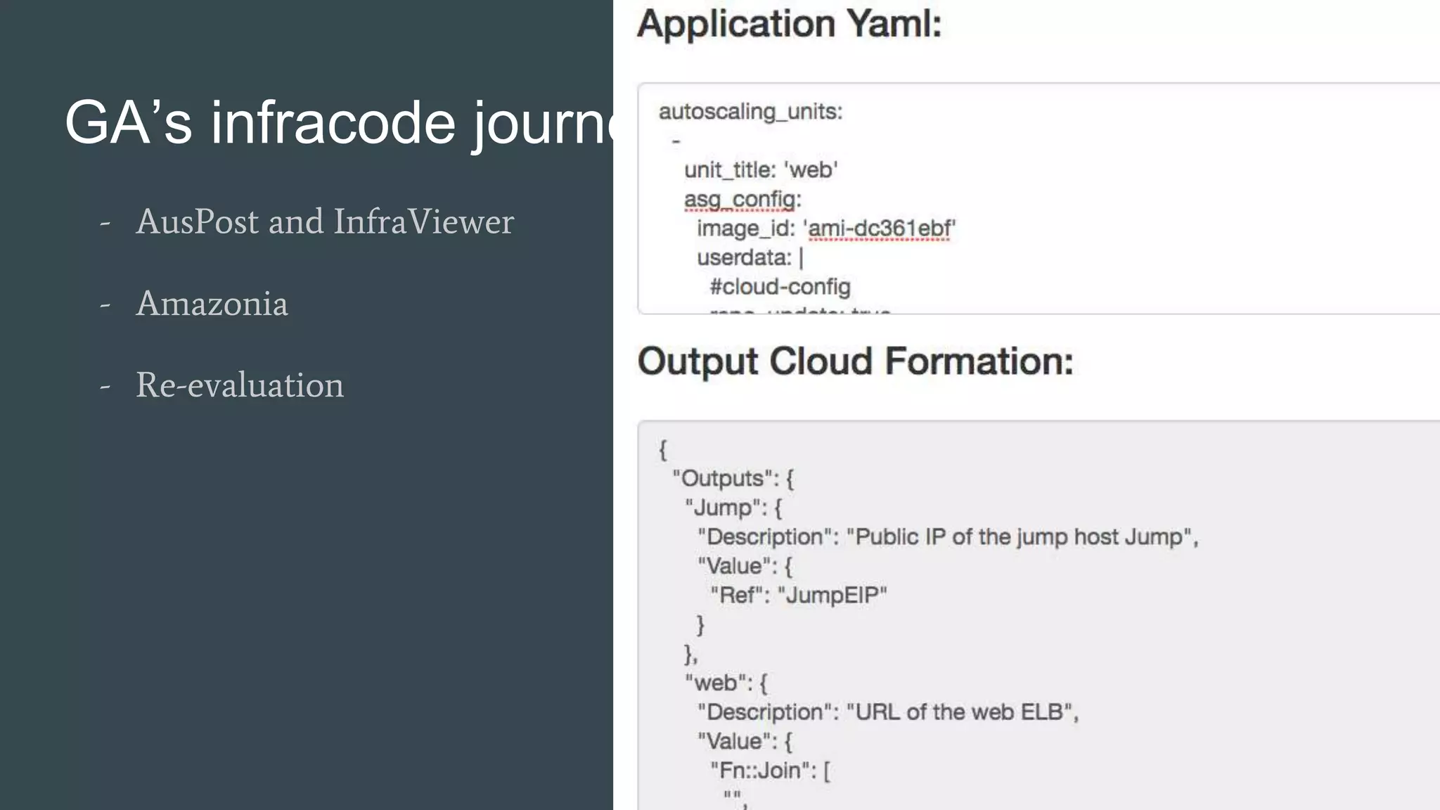 GA’s infracode journey
- AusPost and InfraViewer
- Amazonia
- Re-evaluation
 