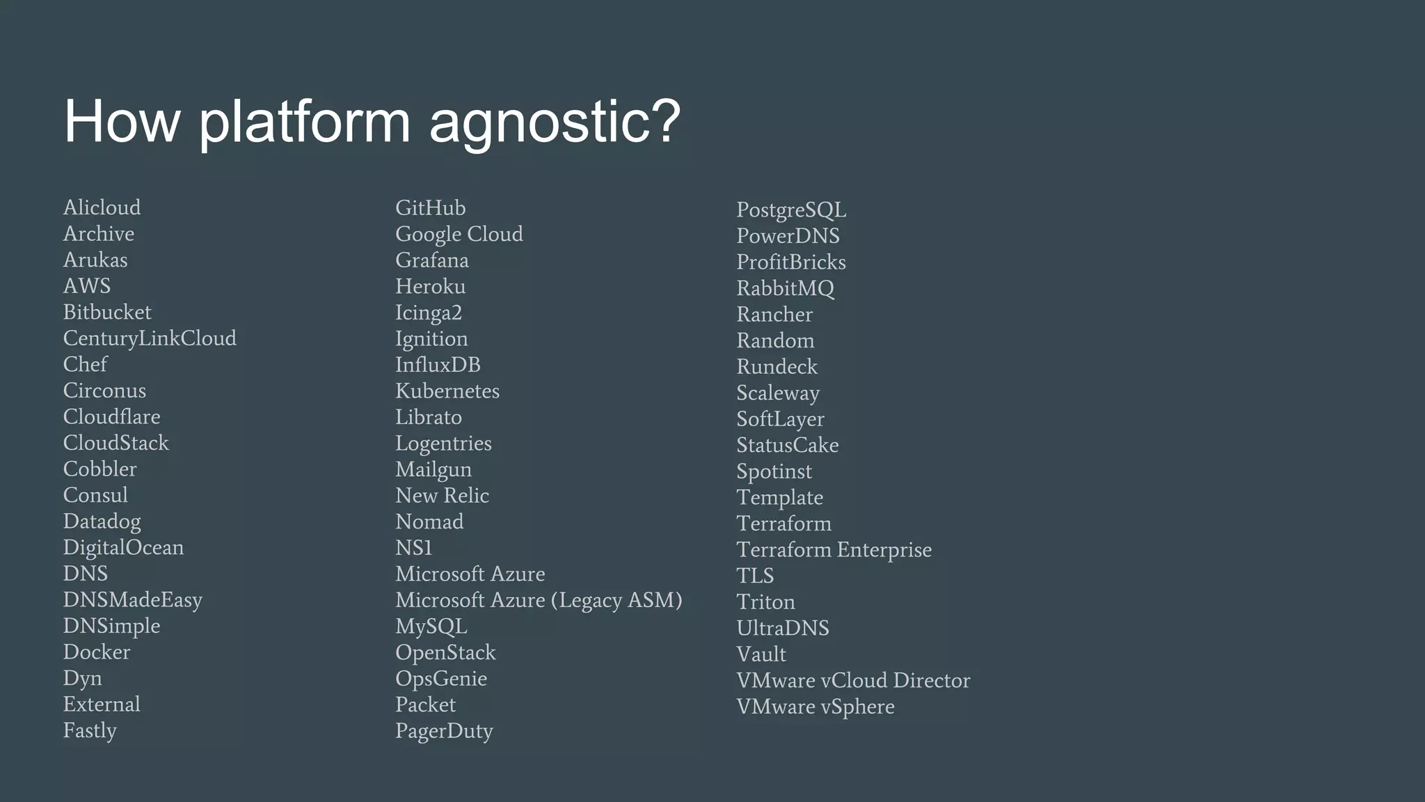 PostgreSQL
PowerDNS
ProfitBricks
RabbitMQ
Rancher
Random
Rundeck
Scaleway
SoftLayer
StatusCake
Spotinst
Template
Terraform
Terraform Enterprise
TLS
Triton
UltraDNS
Vault
VMware vCloud Director
VMware vSphere
GitHub
Google Cloud
Grafana
Heroku
Icinga2
Ignition
InfluxDB
Kubernetes
Librato
Logentries
Mailgun
New Relic
Nomad
NS1
Microsoft Azure
Microsoft Azure (Legacy ASM)
MySQL
OpenStack
OpsGenie
Packet
PagerDuty
Alicloud
Archive
Arukas
AWS
Bitbucket
CenturyLinkCloud
Chef
Circonus
Cloudflare
CloudStack
Cobbler
Consul
Datadog
DigitalOcean
DNS
DNSMadeEasy
DNSimple
Docker
Dyn
External
Fastly
How platform agnostic?
 