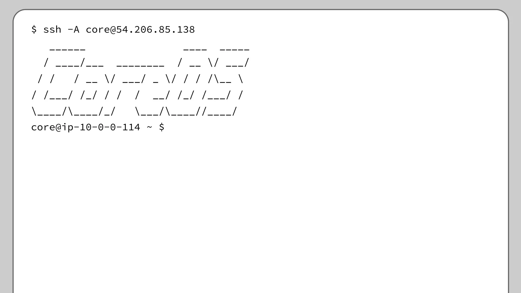 $ ssh -A core@54.206.85.138
______ ____ _____
/ ____/___ ________ / __ / ___/
/ / / __ / ___/ _ / / / /__ 
/ /___/ /_/ / / / __/ /_/ /___/ /
____/____/_/ ___/____//____/
core@ip-10-0-0-114 ~ $
 