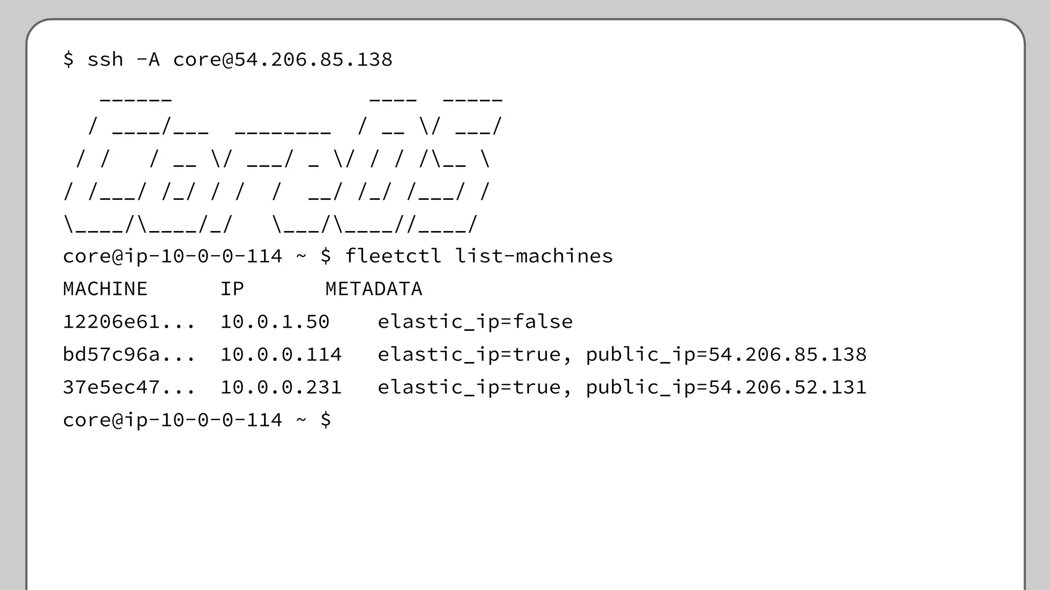 $ ssh -A core@54.206.85.138
______ ____ _____
/ ____/___ ________ / __ / ___/
/ / / __ / ___/ _ / / / /__ 
/ /___/ /_/ / / / __/ /_/ /___/ /
____/____/_/ ___/____//____/
core@ip-10-0-0-114 ~ $ fleetctl list-machines
MACHINE IP METADATA
12206e61... 10.0.1.50 elastic_ip=false
bd57c96a... 10.0.0.114 elastic_ip=true, public_ip=54.206.85.138
37e5ec47... 10.0.0.231 elastic_ip=true, public_ip=54.206.52.131
core@ip-10-0-0-114 ~ $
 