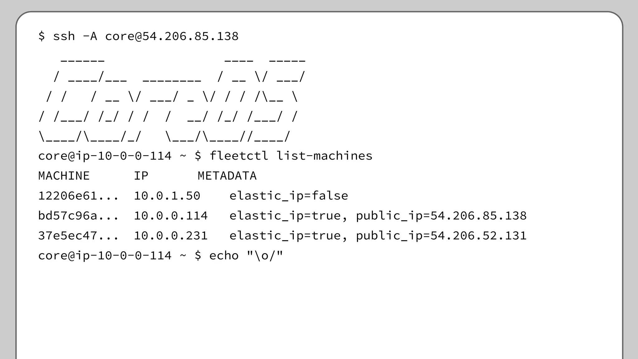 $ ssh -A core@54.206.85.138
______ ____ _____
/ ____/___ ________ / __ / ___/
/ / / __ / ___/ _ / / / /__ 
/ /___/ /_/ / / / __/ /_/ /___/ /
____/____/_/ ___/____//____/
core@ip-10-0-0-114 ~ $ fleetctl list-machines
MACHINE IP METADATA
12206e61... 10.0.1.50 elastic_ip=false
bd57c96a... 10.0.0.114 elastic_ip=true, public_ip=54.206.85.138
37e5ec47... 10.0.0.231 elastic_ip=true, public_ip=54.206.52.131
core@ip-10-0-0-114 ~ $ echo "o/"
 