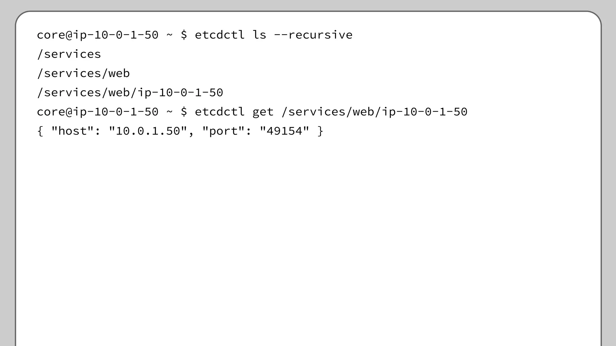 core@ip-10-0-1-50 ~ $ etcdctl ls --recursive
/services
/services/web
/services/web/ip-10-0-1-50
core@ip-10-0-1-50 ~ $ etcdctl get /services/web/ip-10-0-1-50
{ "host": "10.0.1.50", "port": "49154" }
 