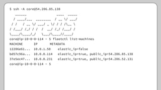 $ ssh -A core@54.206.85.138
______ ____ _____
/ ____/___ ________ / __ / ___/
/ / / __ / ___/ _ / / / /__ 
/ /___/ /_/ / / / __/ /_/ /___/ /
____/____/_/ ___/____//____/
core@ip-10-0-0-114 ~ $ fleetctl list-machines
MACHINE IP METADATA
12206e61... 10.0.1.50 elastic_ip=false
bd57c96a... 10.0.0.114 elastic_ip=true, public_ip=54.206.85.138
37e5ec47... 10.0.0.231 elastic_ip=true, public_ip=54.206.52.131
core@ip-10-0-0-114 ~ $
 