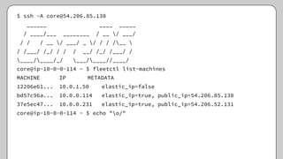 $ ssh -A core@54.206.85.138
______ ____ _____
/ ____/___ ________ / __ / ___/
/ / / __ / ___/ _ / / / /__ 
/ /___/ /_/ / / / __/ /_/ /___/ /
____/____/_/ ___/____//____/
core@ip-10-0-0-114 ~ $ fleetctl list-machines
MACHINE IP METADATA
12206e61... 10.0.1.50 elastic_ip=false
bd57c96a... 10.0.0.114 elastic_ip=true, public_ip=54.206.85.138
37e5ec47... 10.0.0.231 elastic_ip=true, public_ip=54.206.52.131
core@ip-10-0-0-114 ~ $ echo "o/"
 