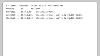 $ fleetctl --tunnel '54.206.85.138' list-machines
MACHINE IP METADATA
f7898d12... 10.0.1.50 elastic_ip=false
ca1355b0... 10.0.0.231 elastic_ip=true, public_ip=54.206.52.131
40e69aa8... 10.0.0.114 elastic_ip=true, public_ip=54.206.85.138
 