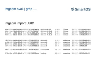 imgadm avail | grep ….

imgadm import UUID
e6ac6784­44b3­11e1­8555­87c3dd87aafe  debian­6.03    1.0.0    linux    2012­11­21T00:17:44Z
46ecf60e­52c8­11e2­b212­9b51fc749547  debian­6.0.6   2.3.1    linux    2013­01­24T21:36:28Z
014e2254­a853­11e2­81c9­b318c31fa17a  debian­6.0.7   2.4.1    linux    2013­04­18T19:04:41Z
94384a12­bbeb­11e2­aec2­2bfa9742484b  debian­6.0.7   2.4.2    linux    2013­05­13T19:19:01Z
1d4fd806­6ef8­11e2­93ab­4f22d6d207c9  mongodb        1.4.5    smartos  2013­02­04T18:43:44Z
ec5defa8­16fe­11e3­948e­8f59b3488902  mongodb        13.2.0   smartos  2013­09­06T14:16:28Z
d2409672­29f3­11e3­ba86­6f782523cb41  mongodb        13.2.1   smartos  2013­09­30T17:14:52Z
649e0c72­89ec­11e3­a7c2­97e6a67823b0  mongodb        13.3.1   smartos  2014­01­30T20:23
bae3f528­e01f­11e2­b2cb­1360087a7d5f  cassandra      13.1.0   smartos  2013­07­02T19:55:00Z
274bc2bc­d919­11e2­b797­83245409fbeb  hadoop         13.1.0   smartos  2013­07­02T19:55:00

 
