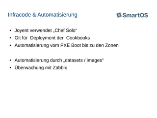 Infracode & Automatisierung
●

Joyent verwendet „Chef Solo“

●

Git für Deployment der Cookbooks

●

Automatisierung vom PXE Boot bis zu den Zonen

●

Automatisierung durch „datasets / images“

●

Überwachung mit Zabbix

 