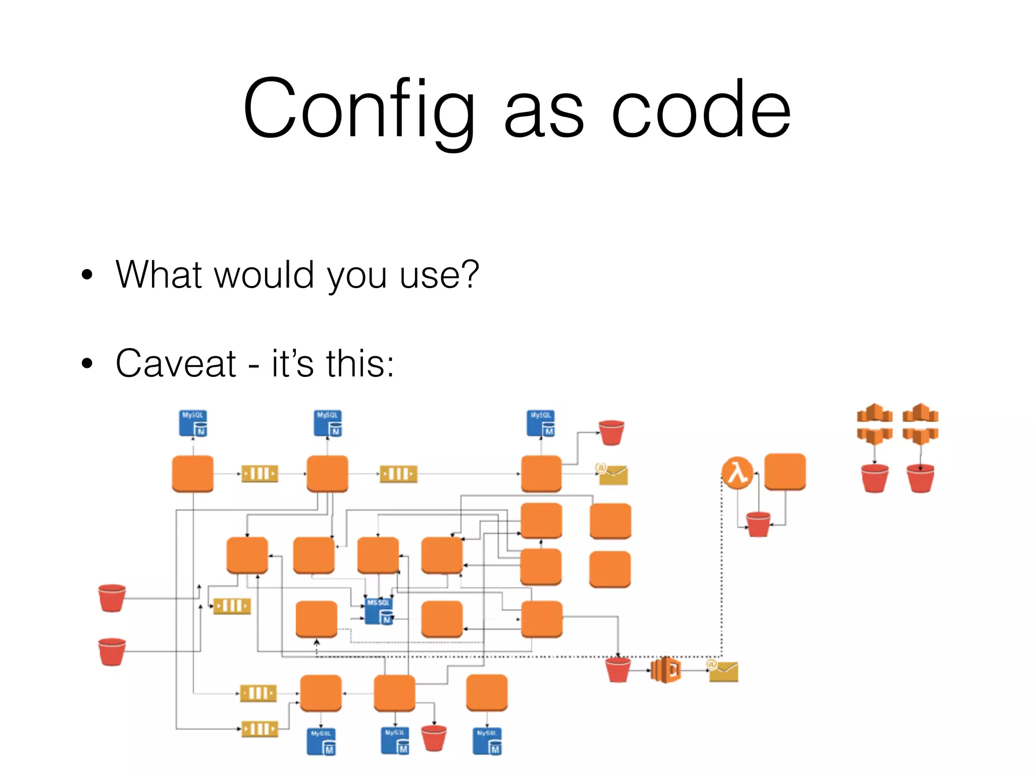 Conﬁg as code
• What would you use?
• Caveat - it’s this:
 