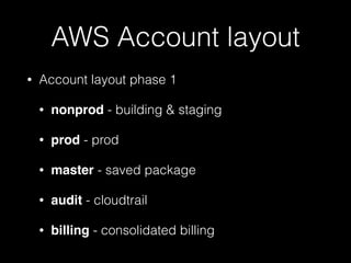 AWS Account layout
• Account layout phase 1
• nonprod - building & staging
• prod - prod
• master - saved package
• audit - cloudtrail
• billing - consolidated billing
 